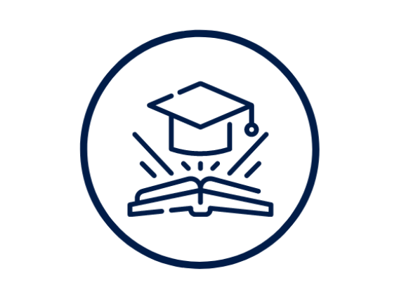 Dark Blue Icon of Open Book and Grad Cap