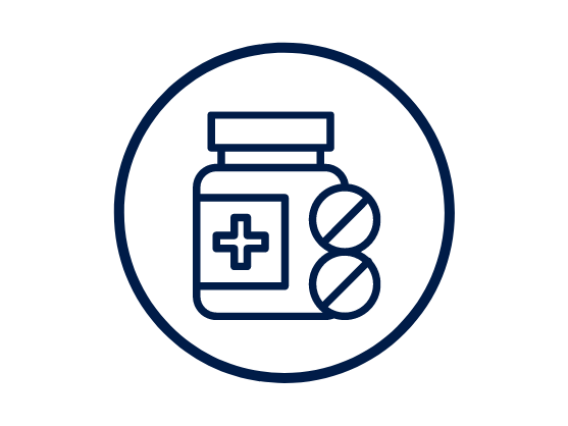 Dark Blue Icon of Pill Bottle and Two Pills