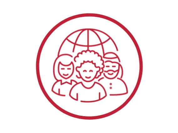 Red Icon of Culturally Diverse People in Front of Globe